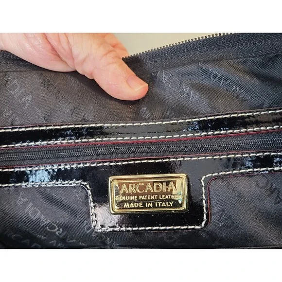 Arcadia Italian Bugatti Black Patent Leather Satchel Dome Handbag Tan & Red Trim - Picture 8 of 12